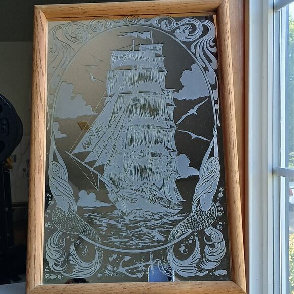 Vintage Etched Glass Framed Mirror Sailing Ship Mermaids MCM 19" H x 13" W - Picture 2 of 11